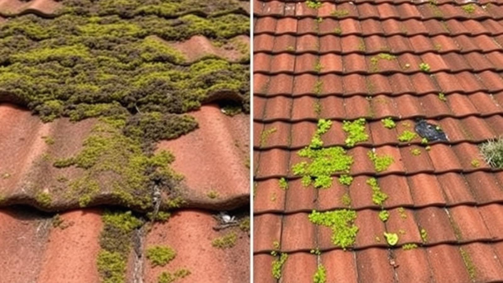 Före och efter taktvätt på tegelpannetak
